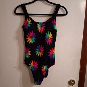 Vtg 80s Robby Len Rainbow Black NEON Floral One Piece Swimsuit 10 EVC